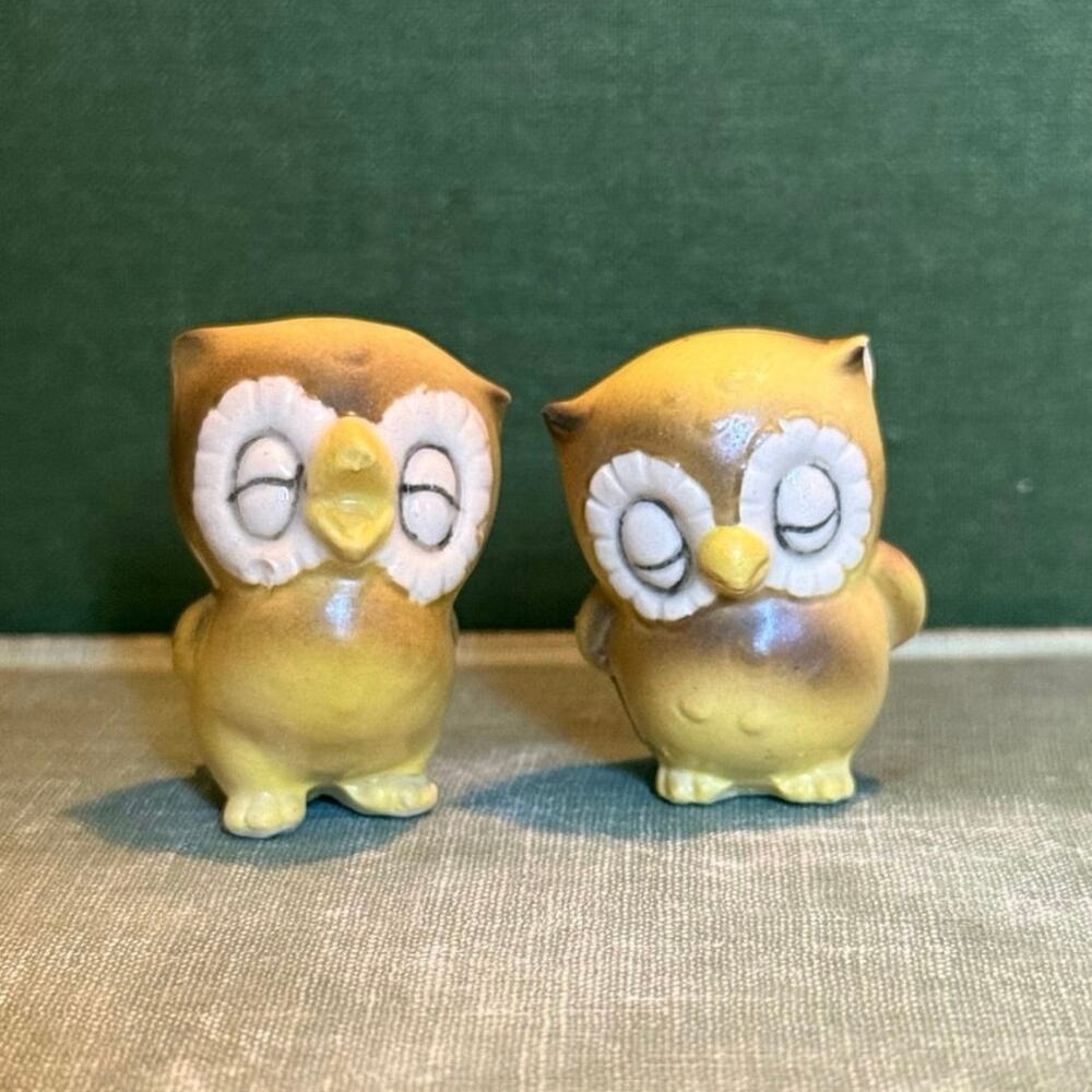 Josef Originals Sleepy Owl Pair • Yellow Minis • Vintage 1.5”